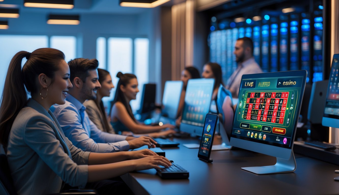 Beberapa orang bermain permainan kasino langsung secara online menggunakan komputer dan perangkat mobile dalam ruangan dengan server internet cepat di latar belakang.