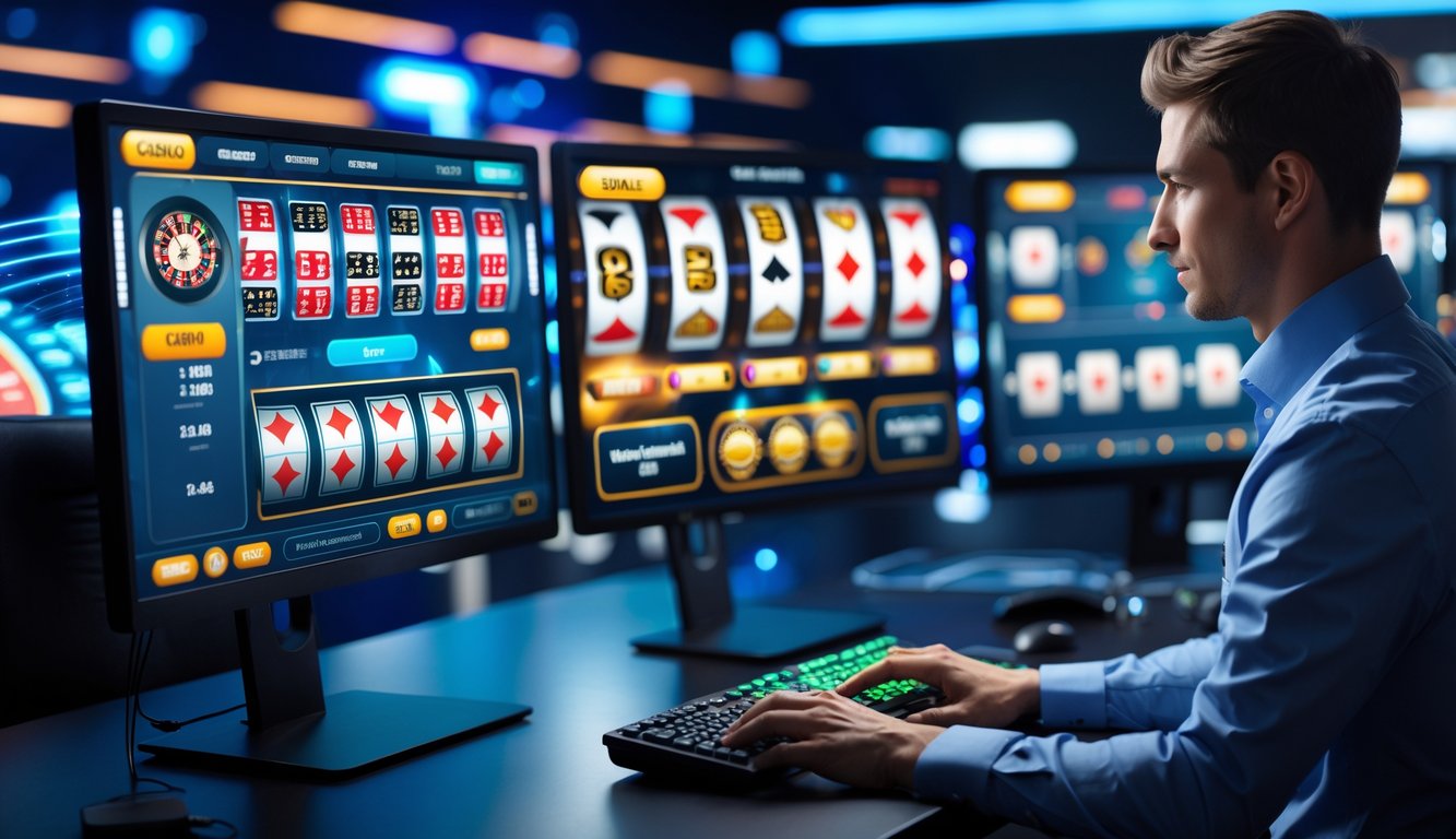 Seorang pemain menggunakan komputer dengan beberapa layar menampilkan permainan kasino langsung secara online.
