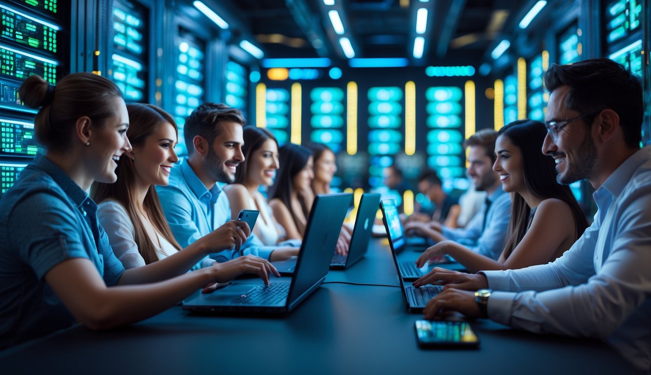 Sejumlah pemain kasino online menggunakan laptop dan ponsel di depan rak server dengan lampu LED menyala, menunjukkan lingkungan kasino langsung dengan koneksi internet cepat.