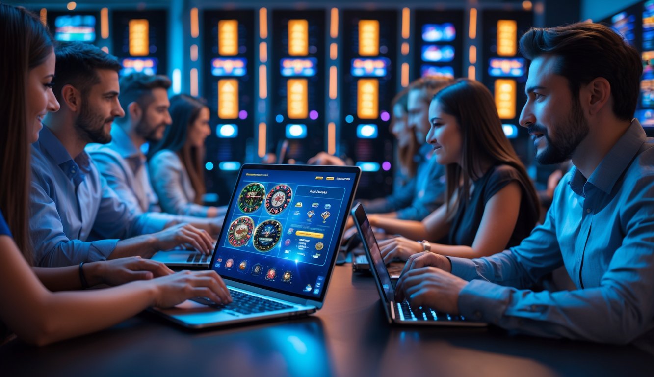 Beberapa orang bermain permainan kasino online menggunakan laptop dan tablet dengan latar belakang server cepat yang menyala.