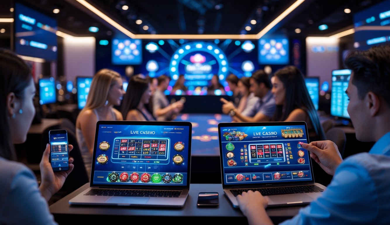 Beberapa orang bermain live casino online menggunakan berbagai perangkat digital dengan tampilan permainan langsung yang lancar tanpa buffering.