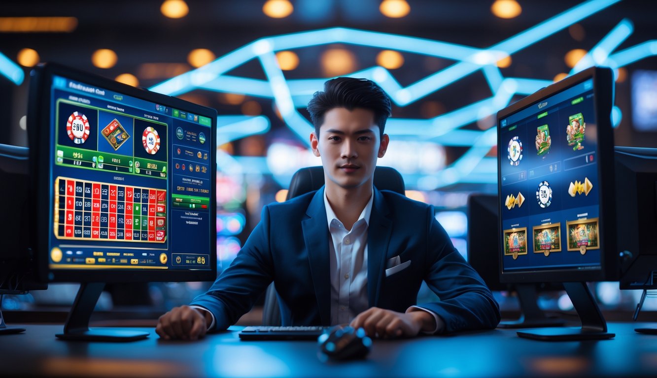 Seorang pria muda duduk di depan beberapa monitor yang menampilkan permainan kasino langsung dengan latar belakang elemen digital yang menunjukkan koneksi internet cepat.