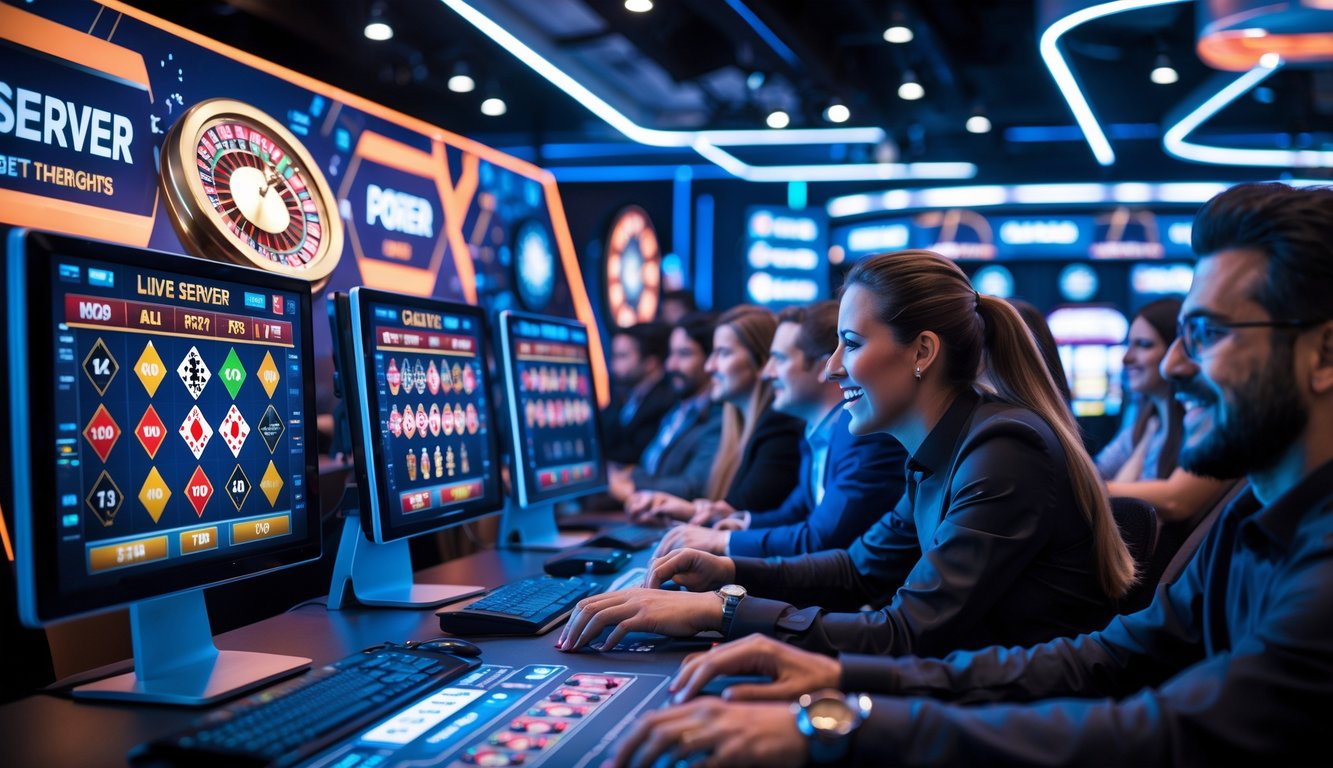 Sekelompok pemain sedang bermain game kasino online secara langsung dengan layar komputer dan teknologi modern di latar belakang.
