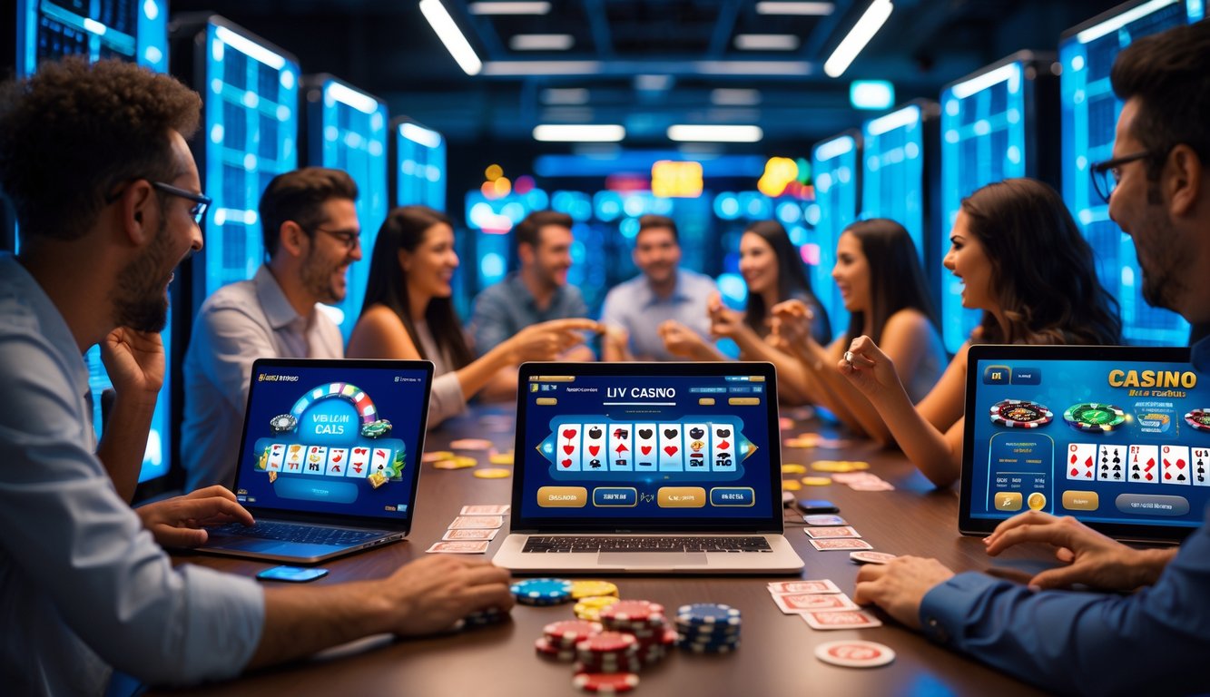 Beberapa orang bermain game kasino langsung secara online dengan perangkat digital di depan server komputer yang menyala.