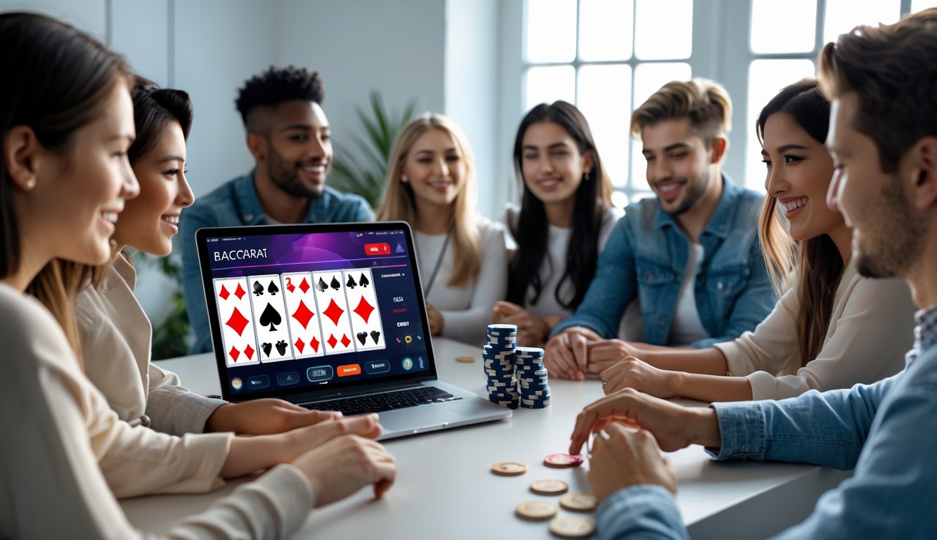 Beberapa orang muda duduk bersama di meja dengan komputer menampilkan permainan baccarat online, menunjukkan suasana santai dan fokus.