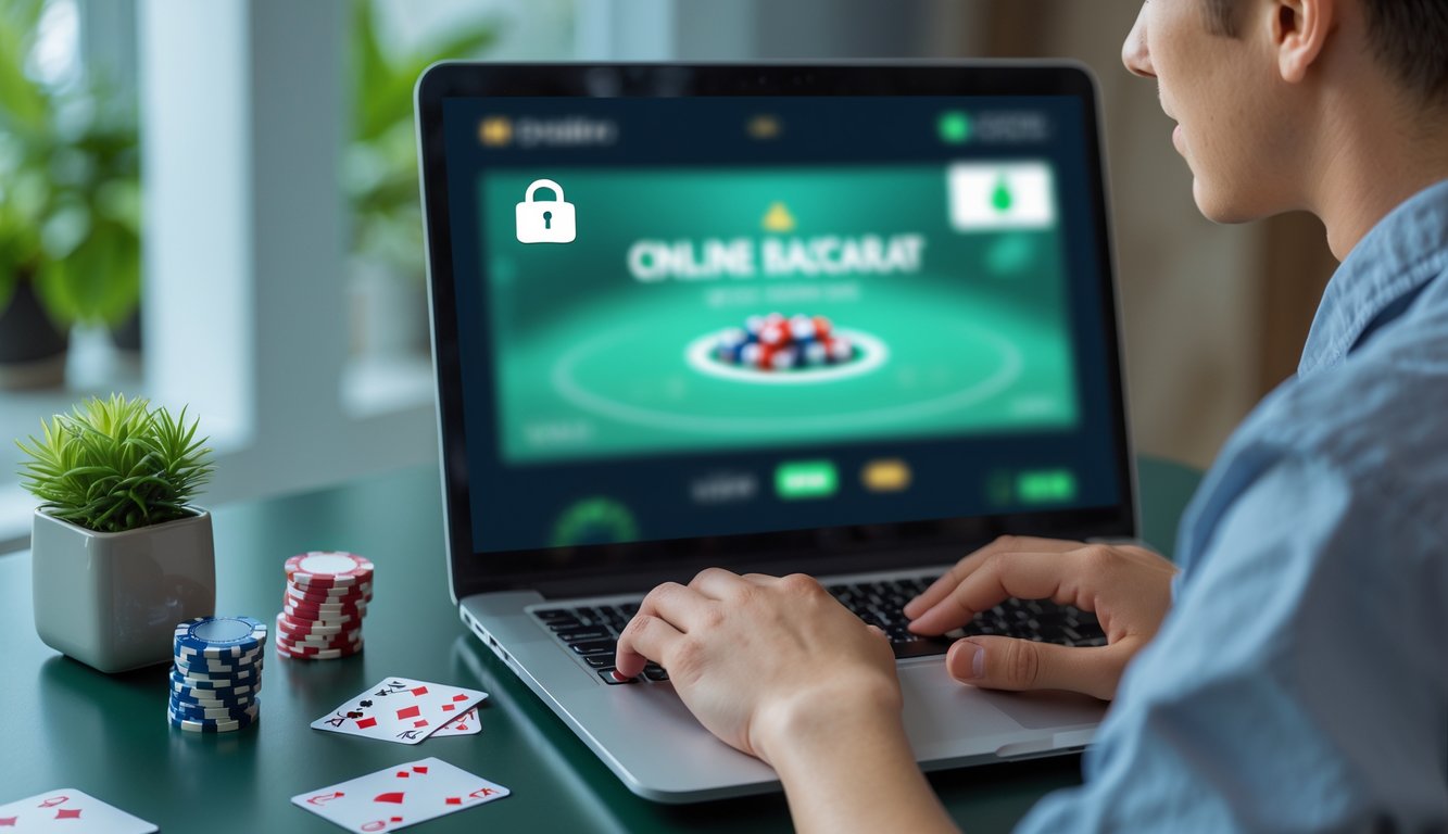 Seorang dewasa muda duduk di depan laptop di rumah, bermain bakarat online dengan suasana yang aman dan nyaman.