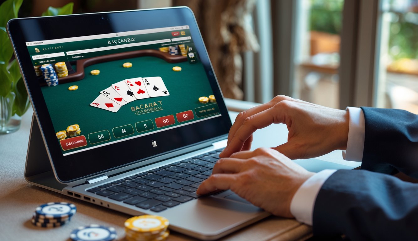 Seseorang bermain baccarat online di depan komputer dengan suasana nyaman dan pencahayaan alami.