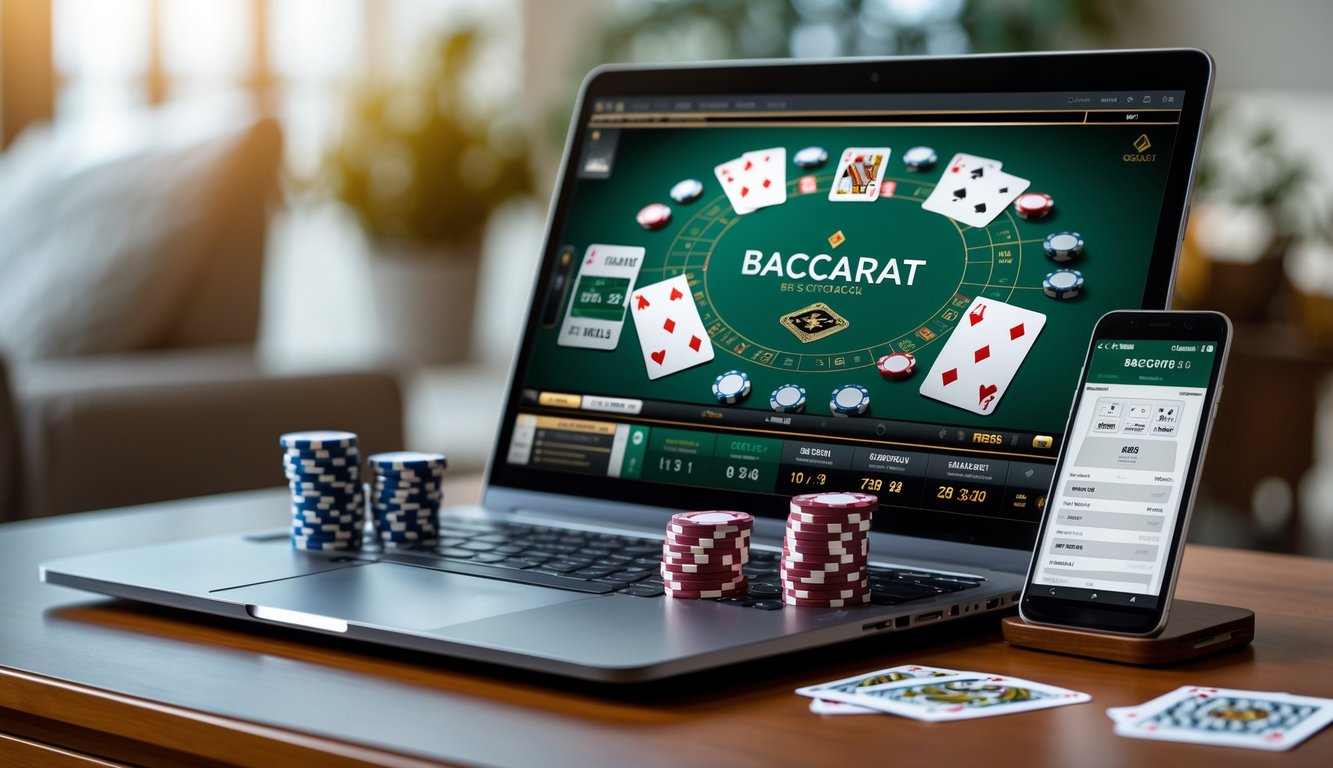 Seorang pemain menggunakan laptop dan smartphone untuk bermain baccarat online dengan chip taruhan di meja kayu.
