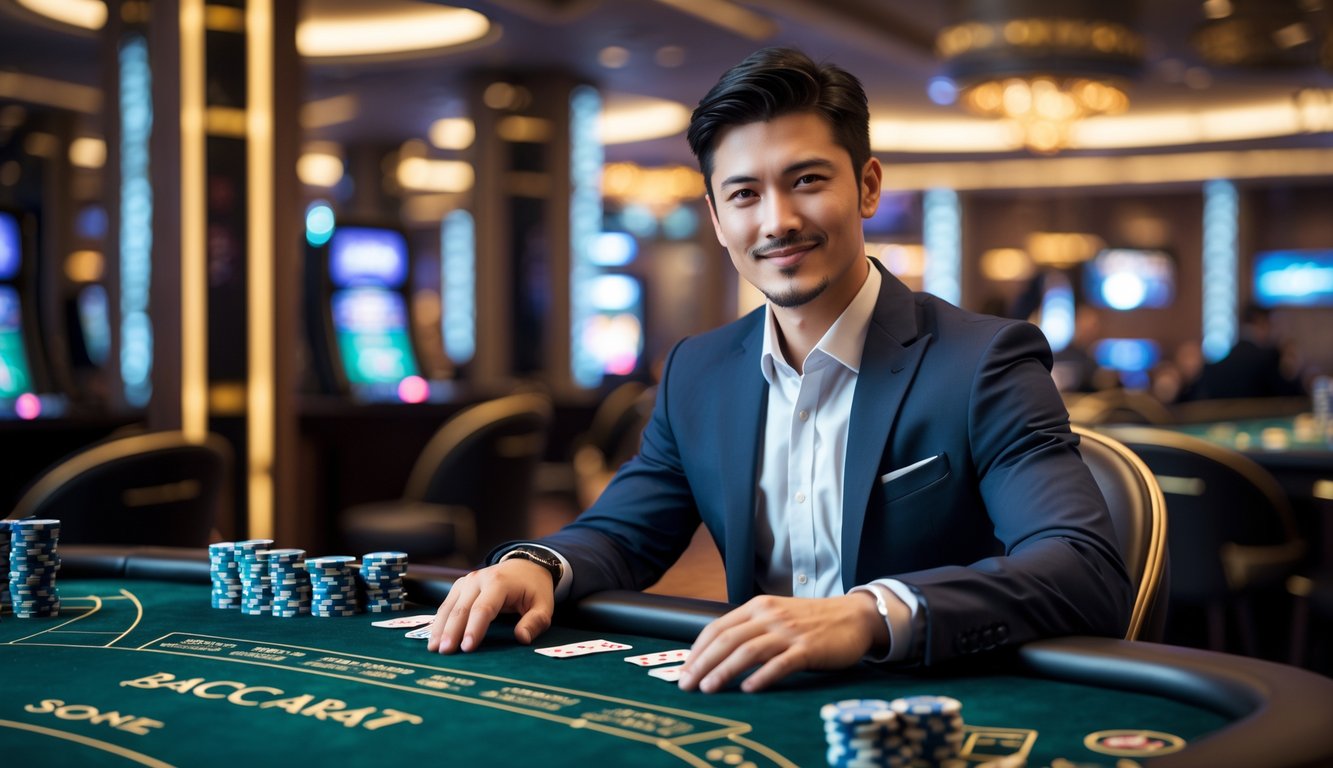 Seorang pria muda duduk di meja permainan baccarat dengan kartu dan chip taruhan di kasino yang mewah.