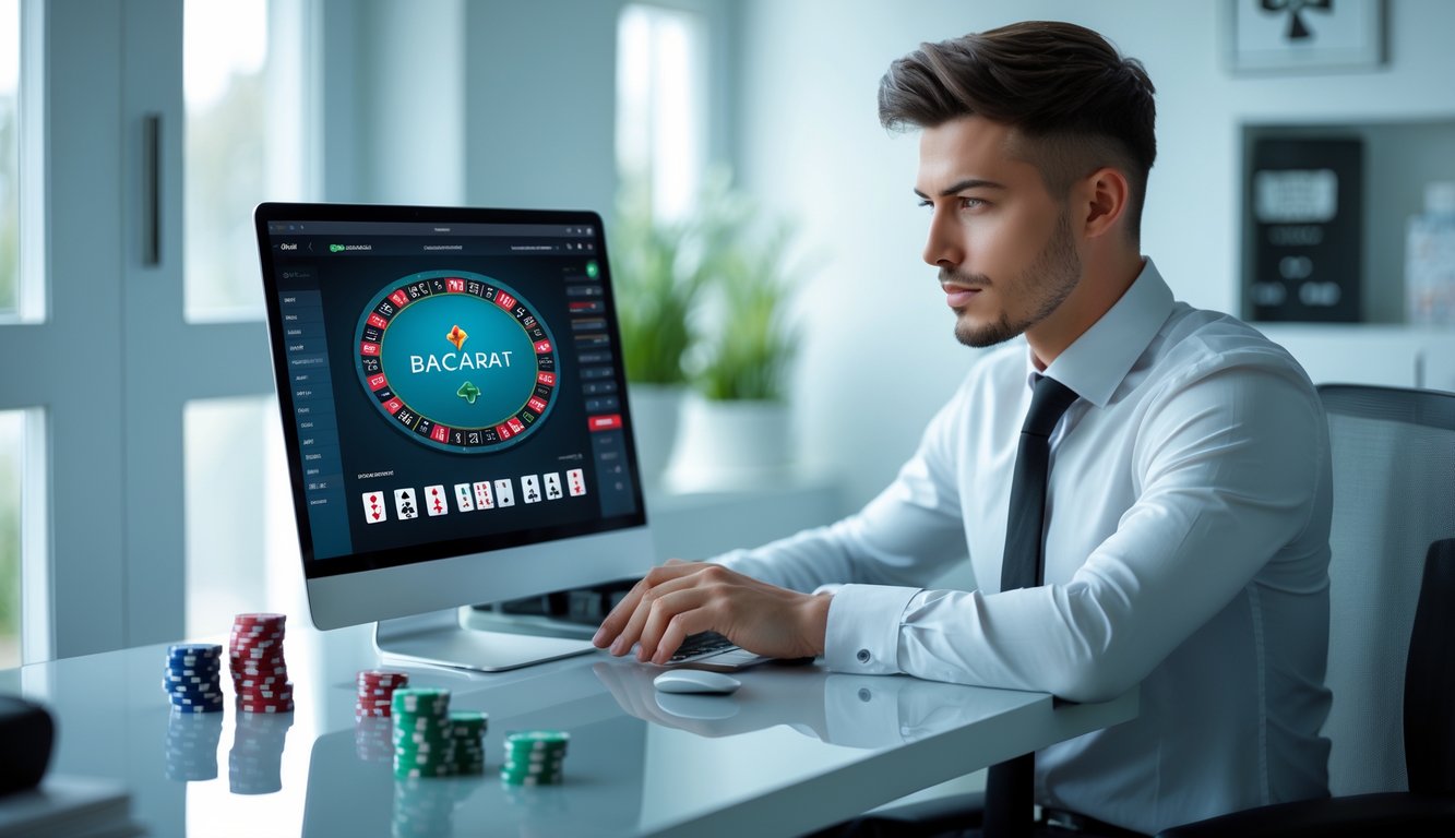 Seorang pria muda duduk di meja modern dengan laptop, fokus bermain baccarat online di ruangan terang dan rapi.