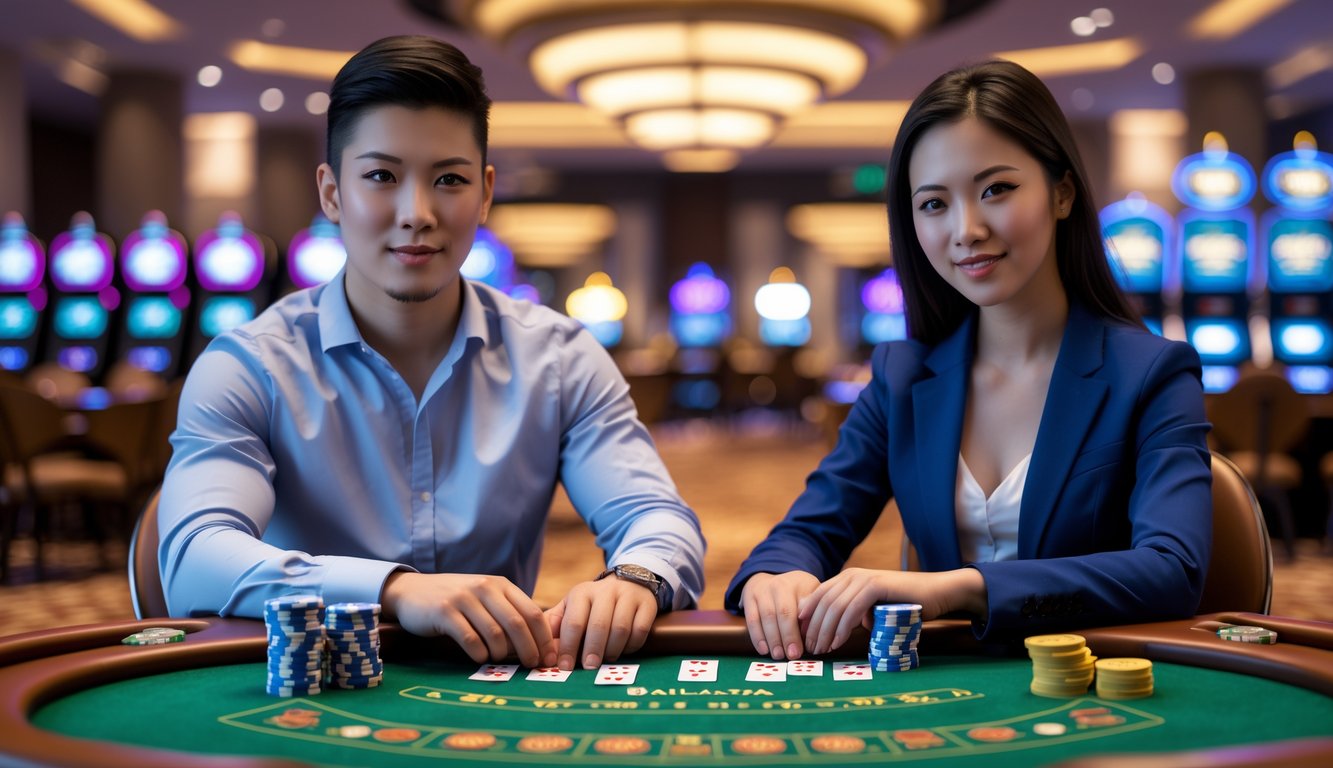 Dua pemain muda duduk di meja baccarat dengan kartu dan chip taruhan kecil di kasino yang terang dan elegan.