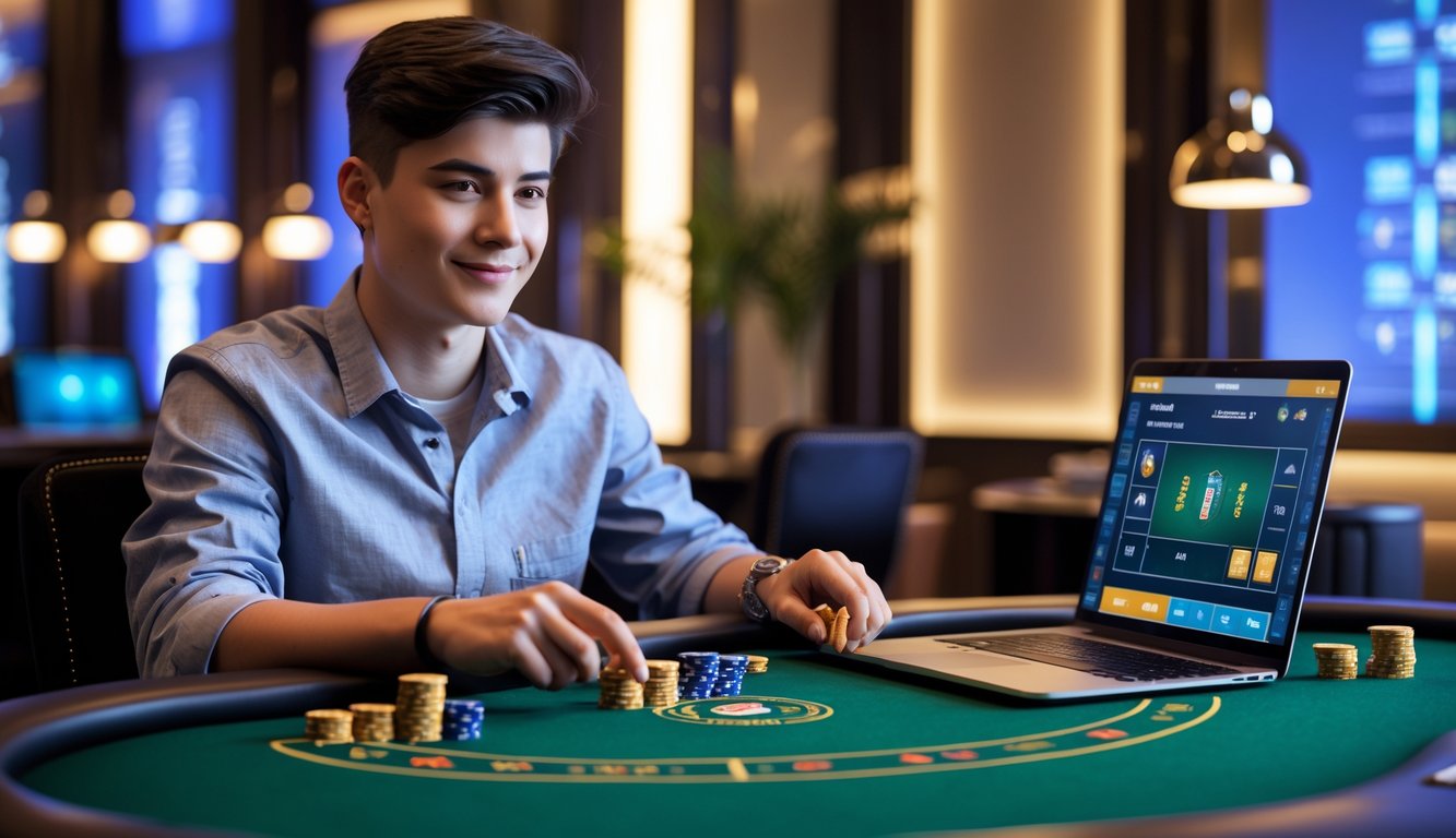 Seorang dewasa muda duduk di meja permainan modern dengan laptop, memegang chip taruhan kecil dalam suasana kasino online yang nyaman.