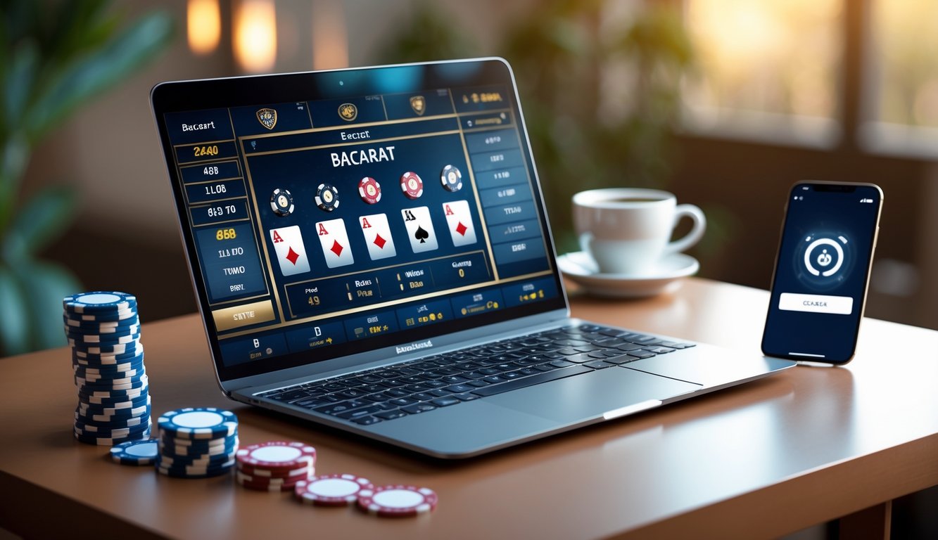 Seorang pemain menggunakan laptop dengan tampilan permainan baccarat online, di meja terdapat tumpukan chip poker kecil dan ponsel dengan ikon koneksi aman.