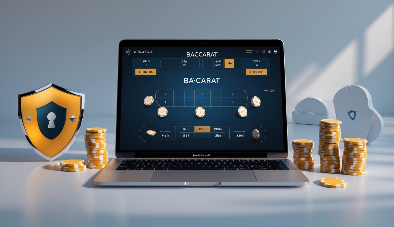Sebuah meja dengan komputer menampilkan permainan baccarat online dan tumpukan chip taruhan kecil, menciptakan suasana terpercaya dan profesional.