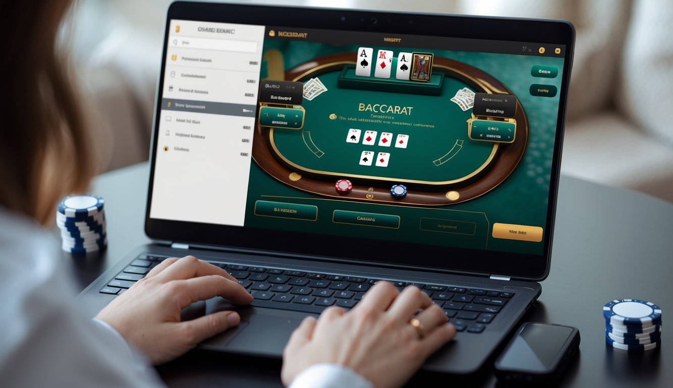 Seorang pemain sedang bermain baccarat online di depan komputer dengan tumpukan chip taruhan kecil di meja.