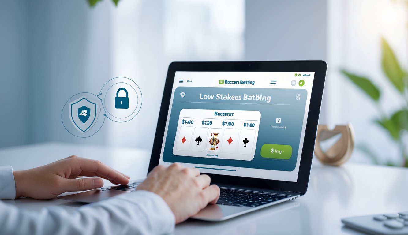 Seseorang bermain bakarat online dengan perangkat modern di meja yang rapi, menampilkan suasana aman dan nyaman untuk taruhan kecil.