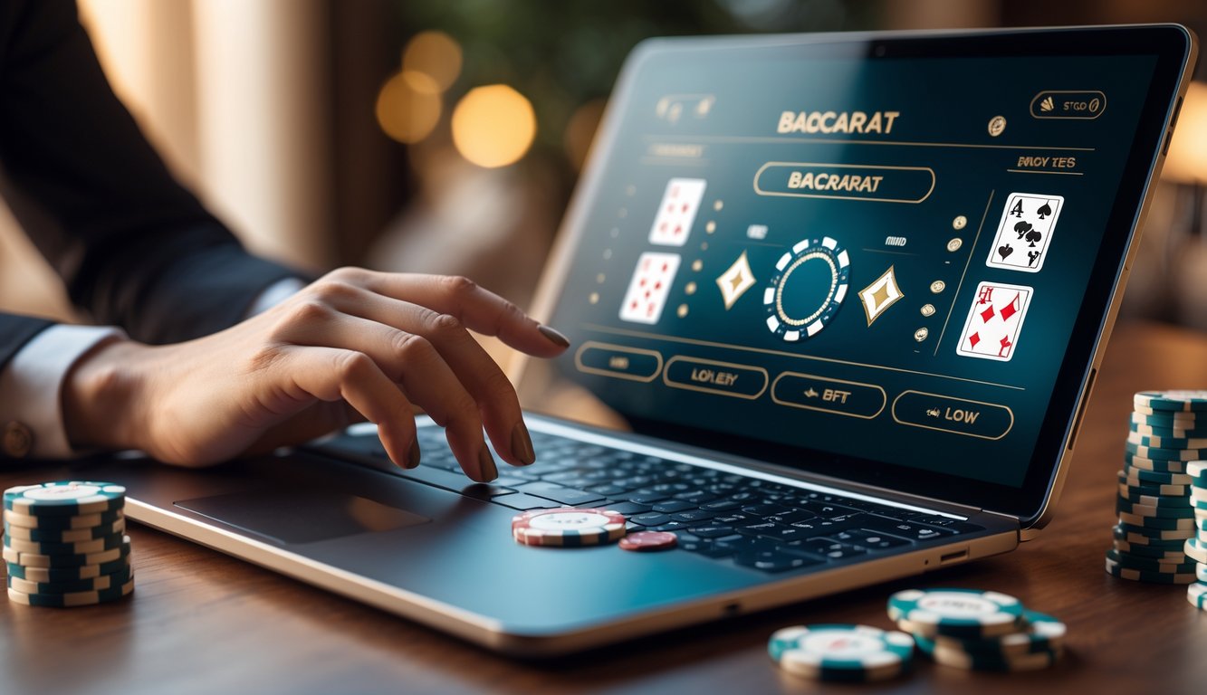 Seorang pemain menggunakan laptop dengan permainan baccarat online yang terlihat di layar, dikelilingi oleh tumpukan chip kecil di meja.
