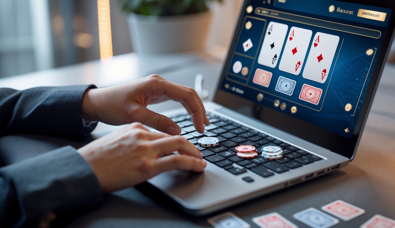 Seseorang sedang bermain baccarat online menggunakan laptop di lingkungan yang nyaman dan modern.