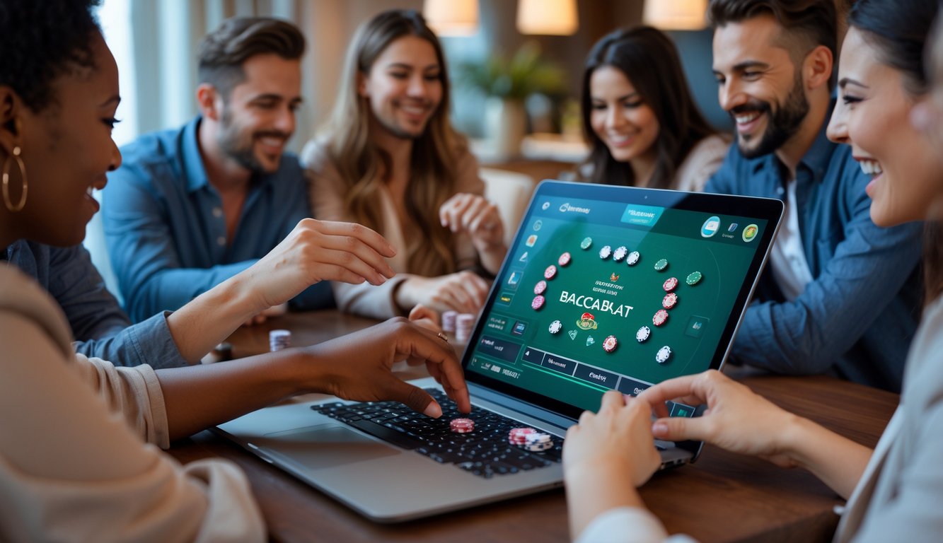 Sekelompok orang sedang bermain baccarat online dengan perangkat digital di ruang tamu yang nyaman.