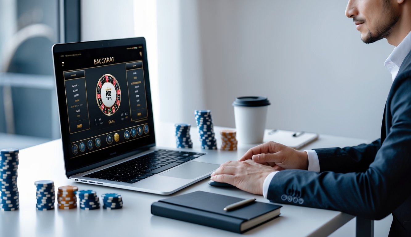 Seseorang sedang bermain baccarat online di depan komputer dengan tumpukan chip dan alat tulis di meja.