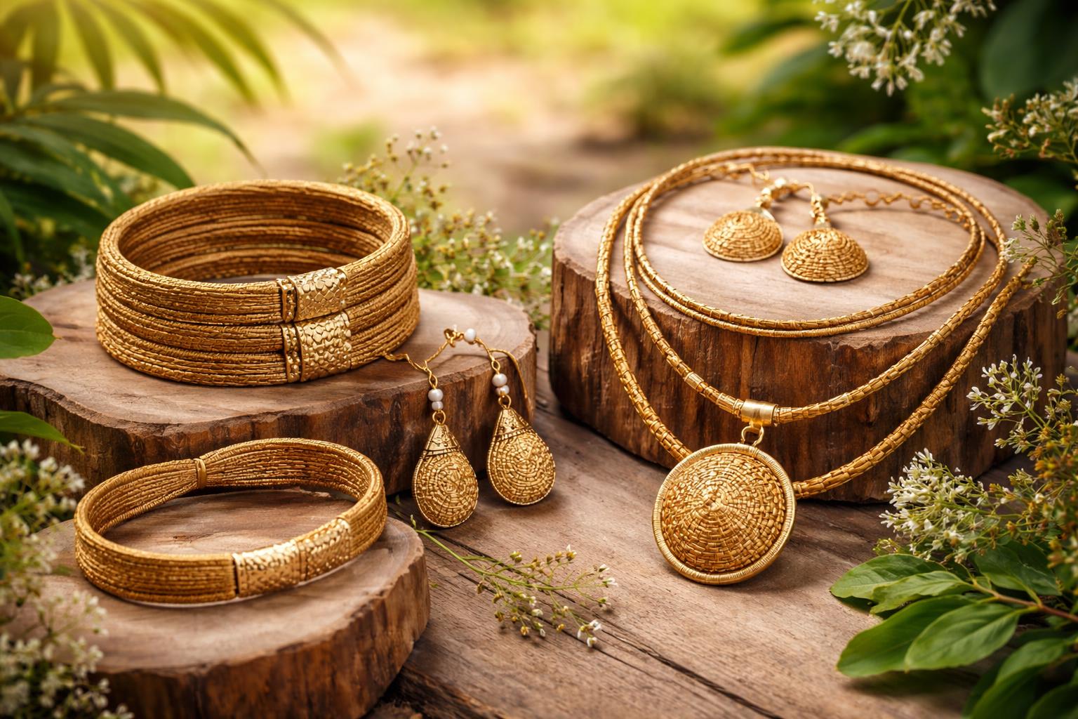 Bijoux en capim dourado disposés sur du bois naturel avec des feuilles vertes autour.