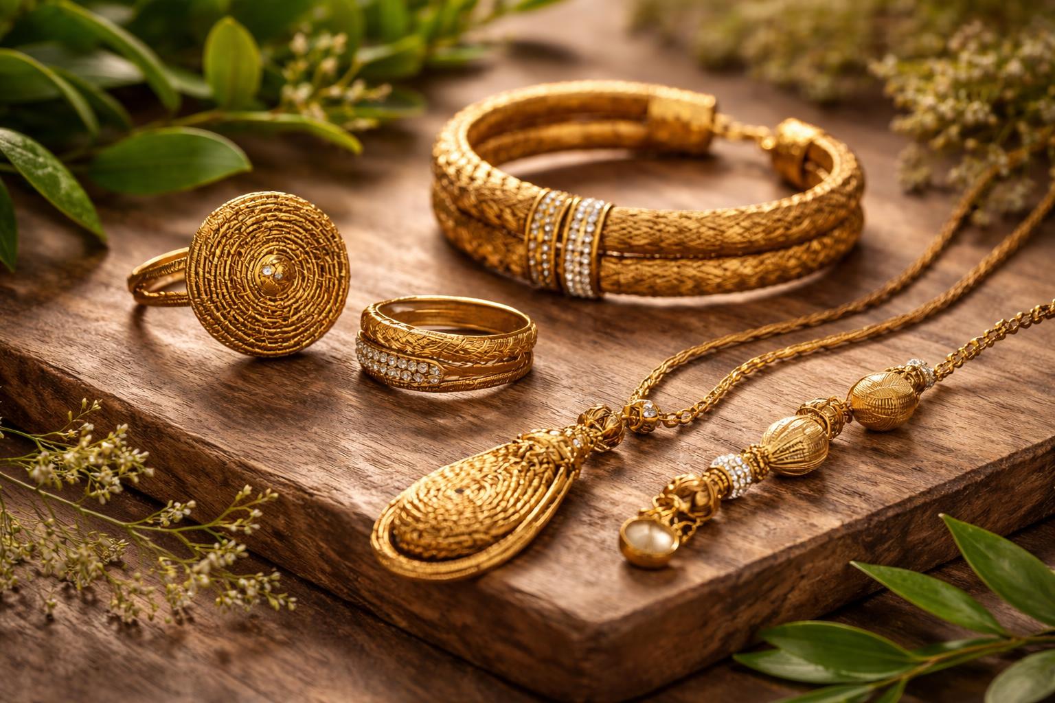 Des bijoux en or végétal en capim dourado posés sur une surface en bois avec des feuilles vertes autour.
