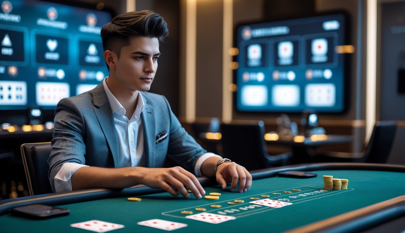 Seorang dewasa muda sedang duduk di meja baccarat modern, menempatkan taruhan kecil dengan chip di lingkungan agen baccarat online yang terpercaya.