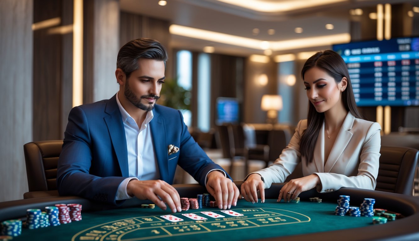 Dua orang dewasa duduk di meja permainan baccarat, fokus memasang taruhan kecil dengan kartu dan chip di depan mereka.