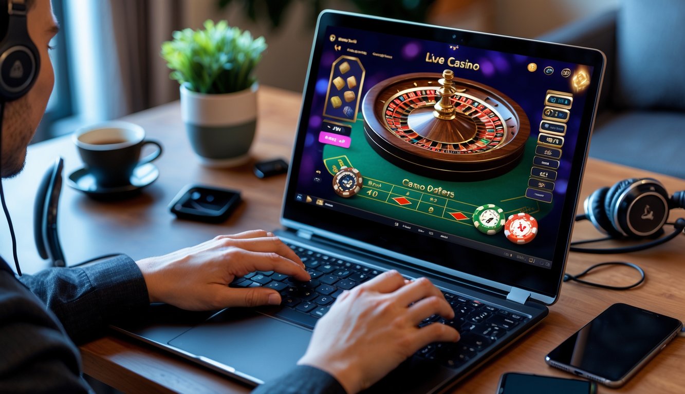 Seseorang bermain permainan kasino langsung secara online menggunakan komputer di ruang kerja yang nyaman.