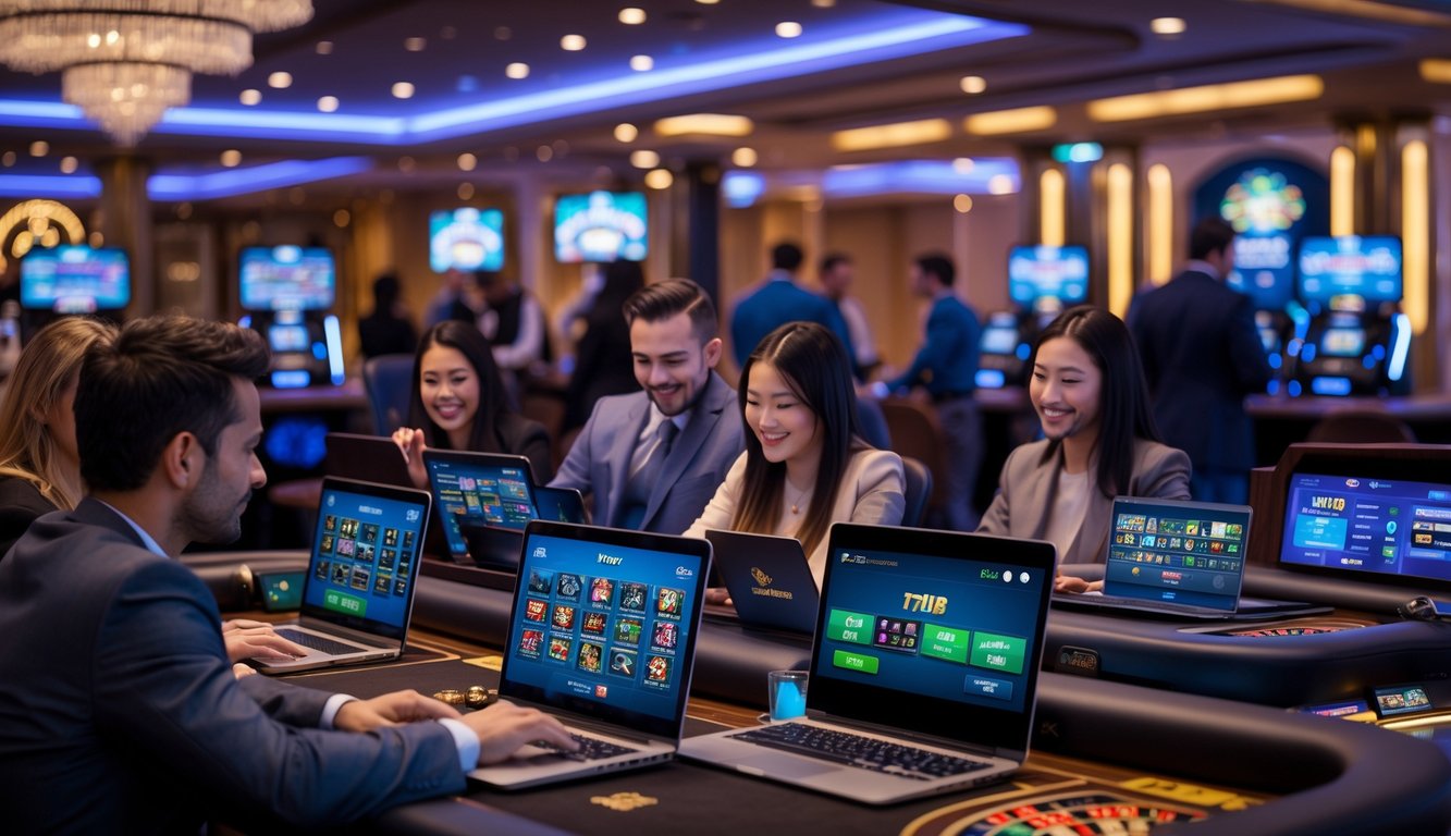 Orang-orang bermain permainan kasino langsung menggunakan perangkat digital di dalam ruangan kasino modern yang terang dan elegan.