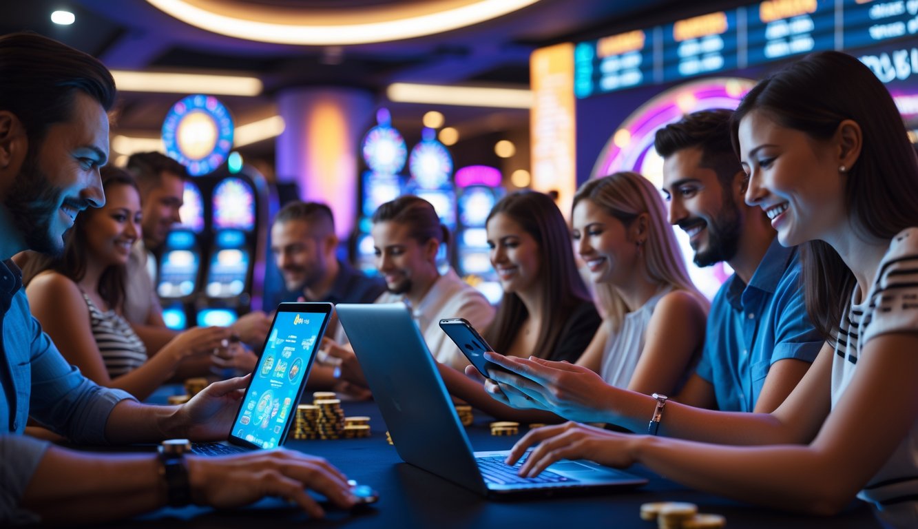 Orang-orang menggunakan perangkat digital untuk bermain permainan kasino online dengan antarmuka kasino virtual yang menarik dan berwarna-warni.