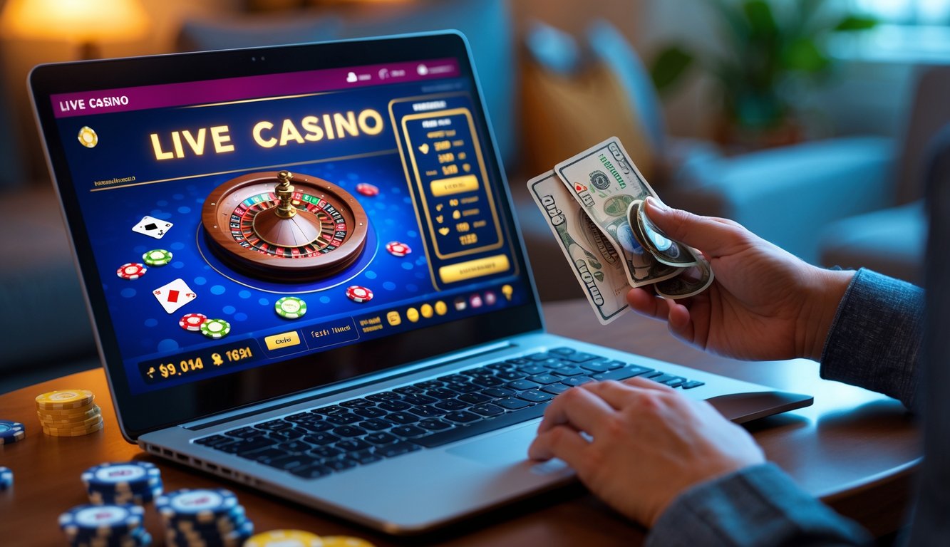 Seorang pengguna sedang bermain permainan kasino langsung online di komputer dengan suasana nyaman di rumah dan melakukan deposit kecil menggunakan ponsel.