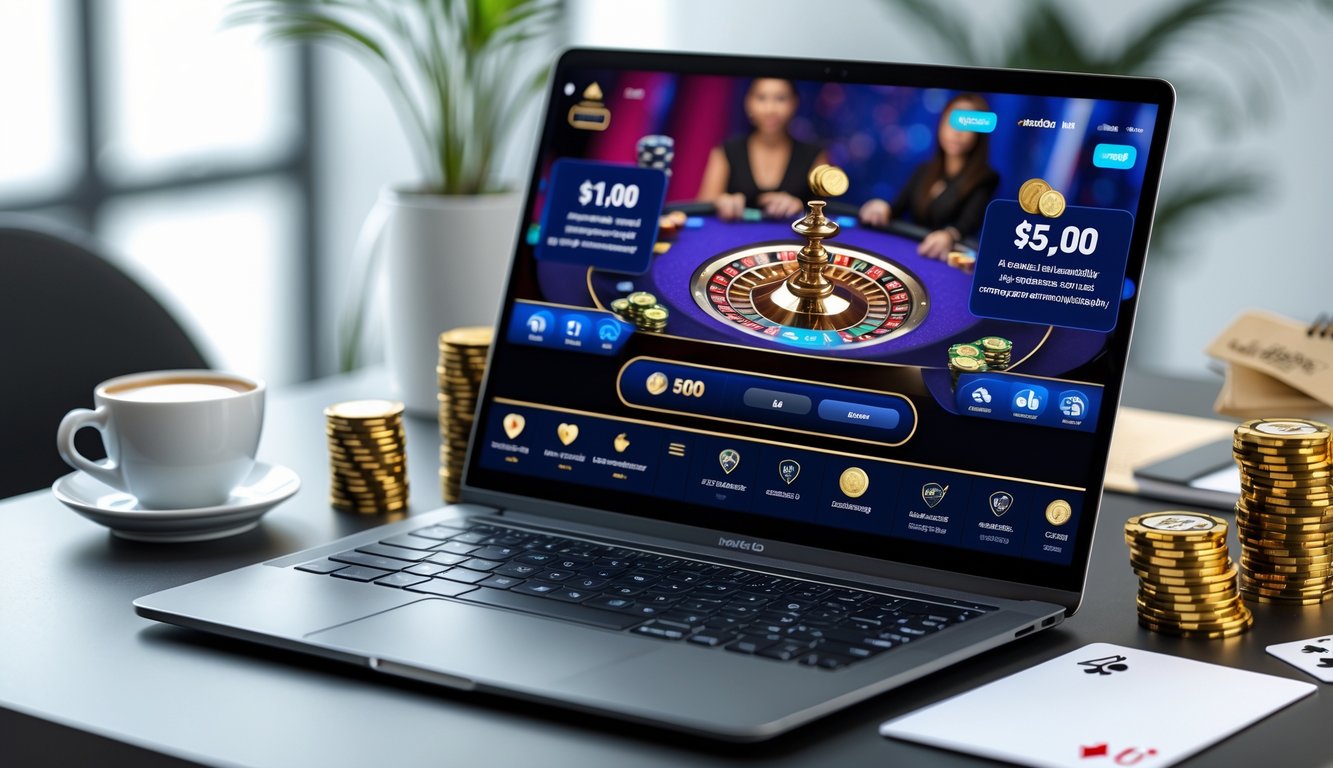 Seorang pemain menggunakan laptop dengan tampilan permainan kasino langsung, dikelilingi chip poker dan kartu remi, menunjukkan suasana taruhan online.