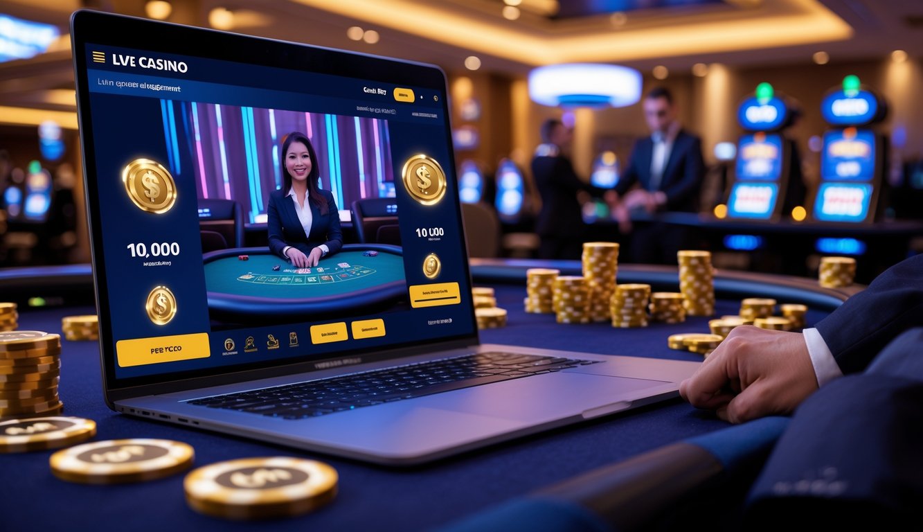 Seorang dealer kasino live sedang memimpin permainan di depan layar komputer dengan latar belakang kasino modern dan pemain yang terlibat dalam taruhan online.