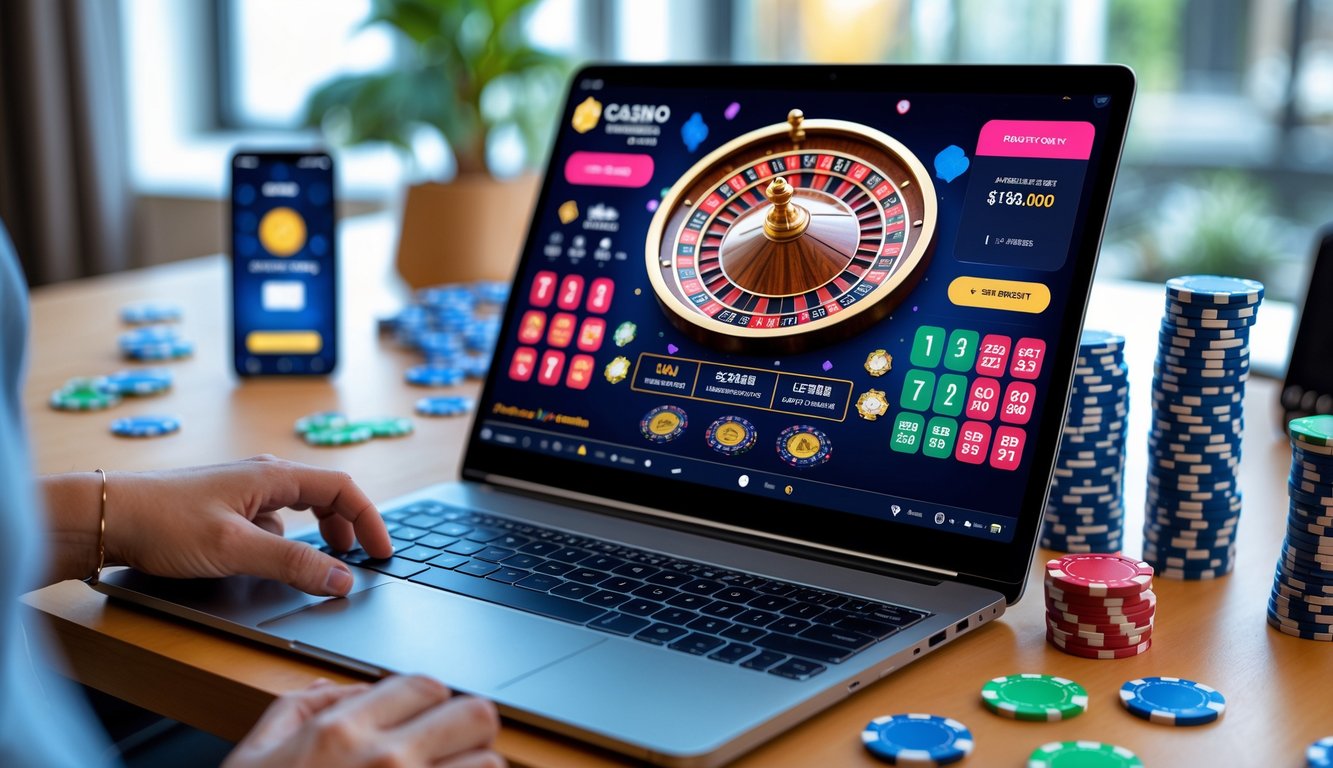 Seseorang menggunakan komputer dengan tampilan permainan kasino langsung dan chip poker di meja.