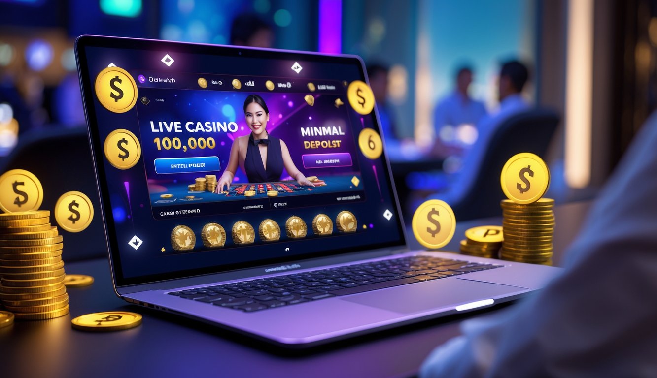 Seorang pemain menggunakan laptop untuk bermain live casino online dengan tampilan dealer langsung di layar dan simbol deposit kecil di sekitar perangkat.