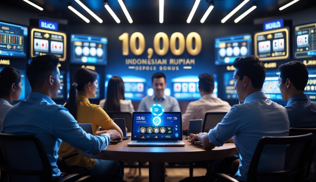 Beberapa orang sedang bermain kasino online dengan layar menampilkan permainan kasino langsung dan seseorang melakukan deposit menggunakan perangkat digital.