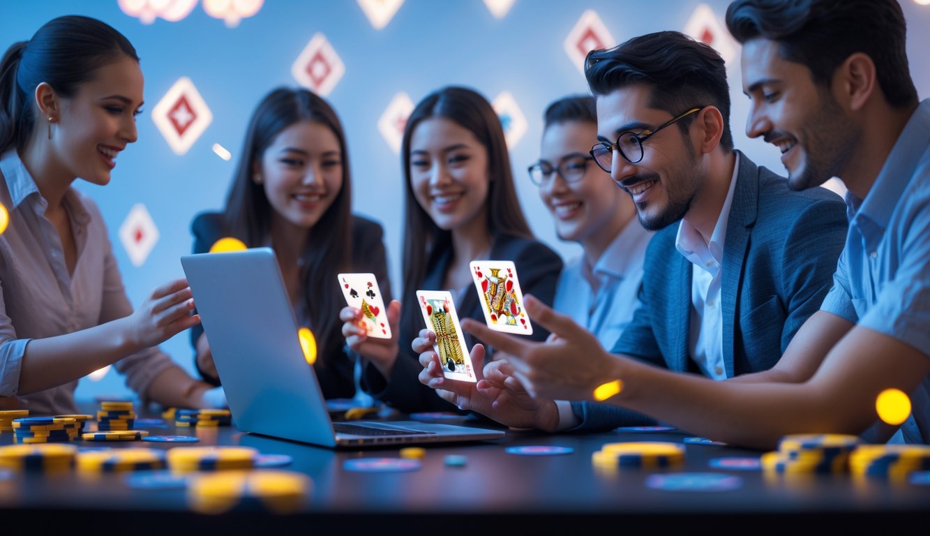 Orang-orang bermain kasino online menggunakan laptop dan ponsel dalam suasana yang cerah dan modern.