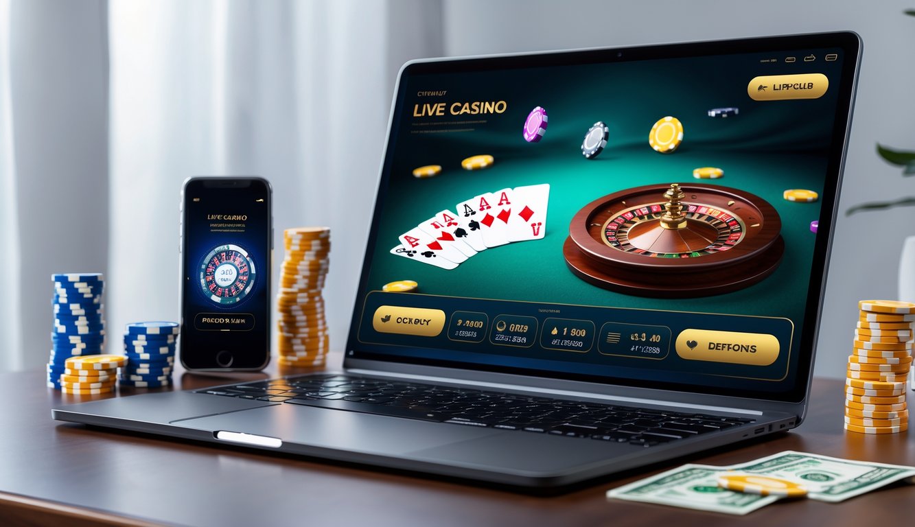 Seseorang menggunakan laptop dengan tampilan permainan kasino langsung online, di meja terdapat chip poker dan ponsel yang menampilkan aplikasi taruhan.