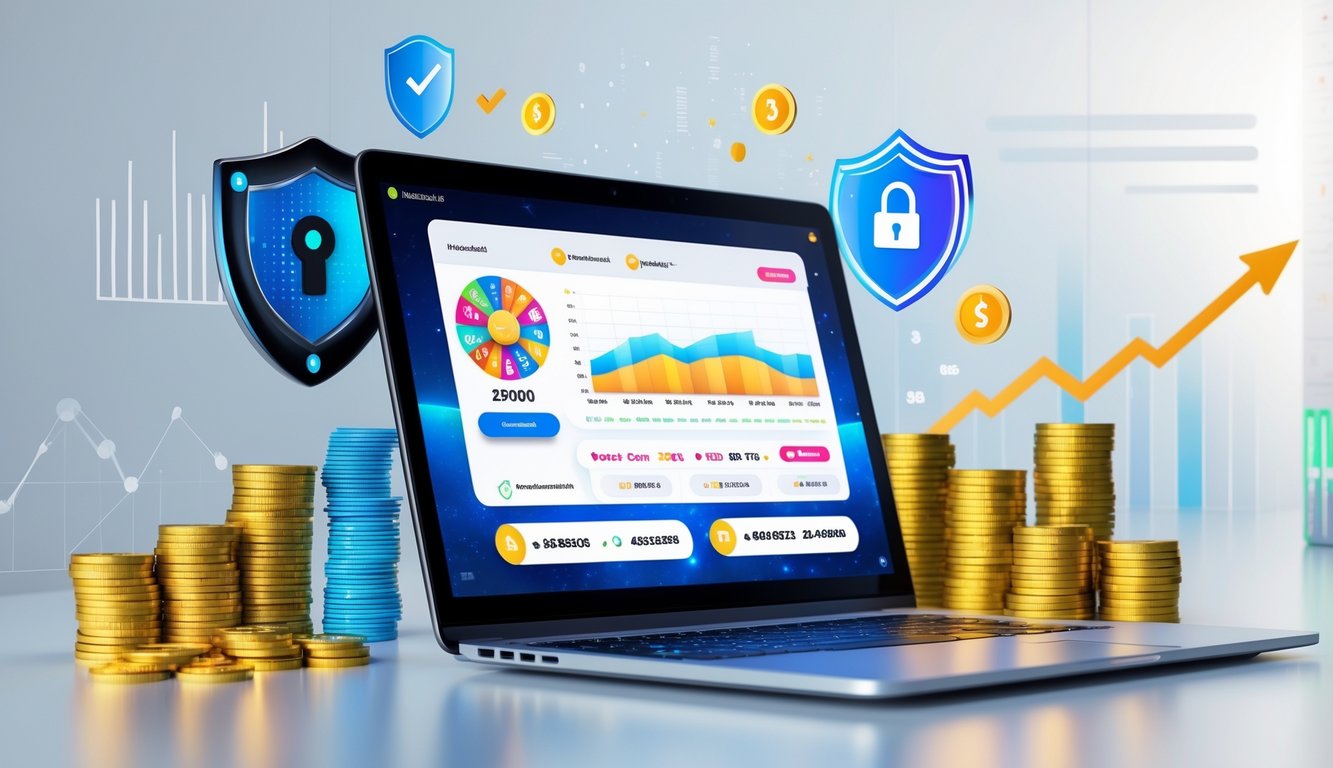 Seorang pengguna mengoperasikan komputer dengan tampilan antarmuka lotere online yang aman dan terpercaya, dikelilingi simbol keamanan dan grafik pertumbuhan.