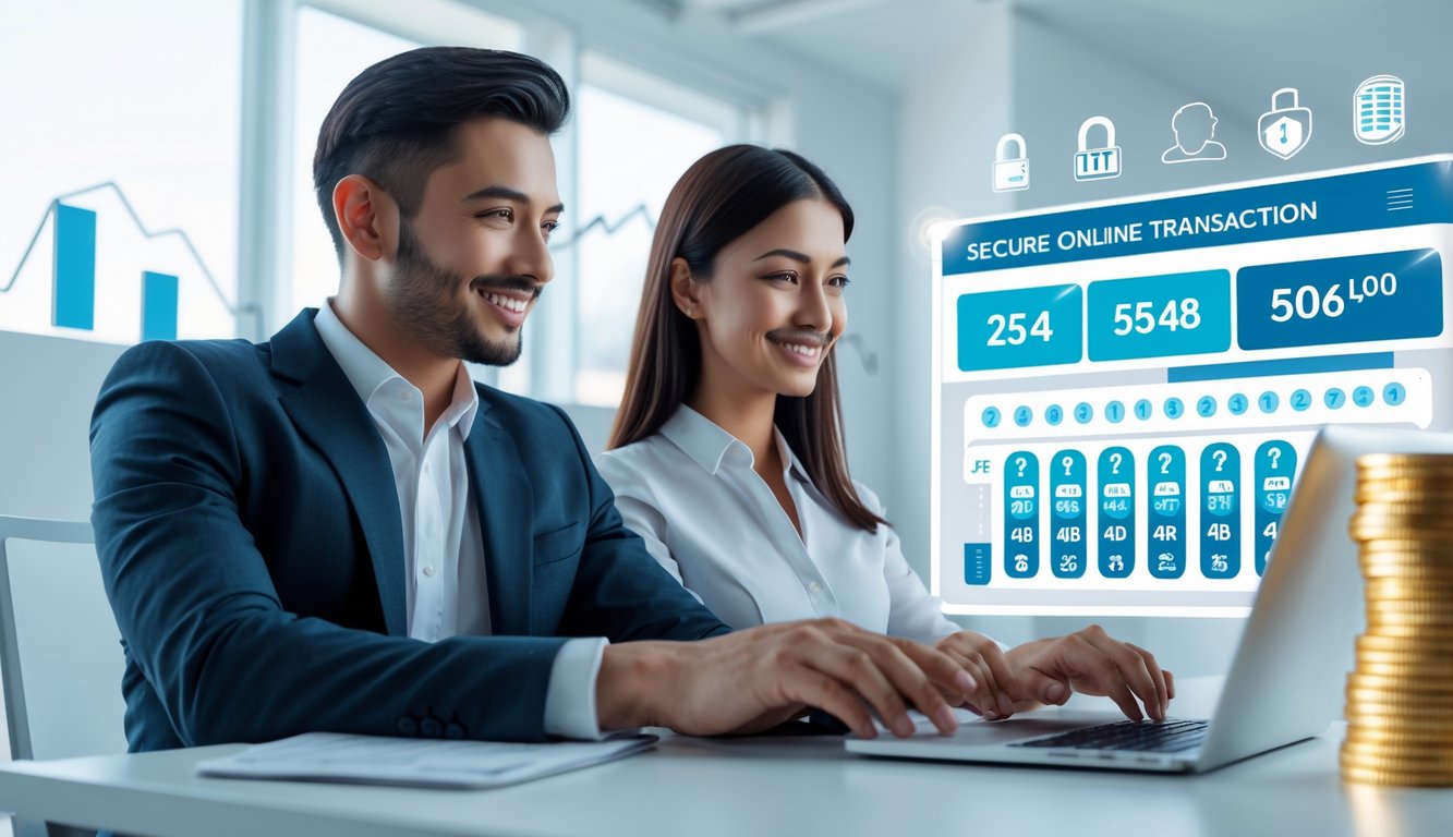 Seorang pria dan wanita duduk di meja kantor modern, melihat layar laptop yang menampilkan transaksi online yang aman dan angka lotere.