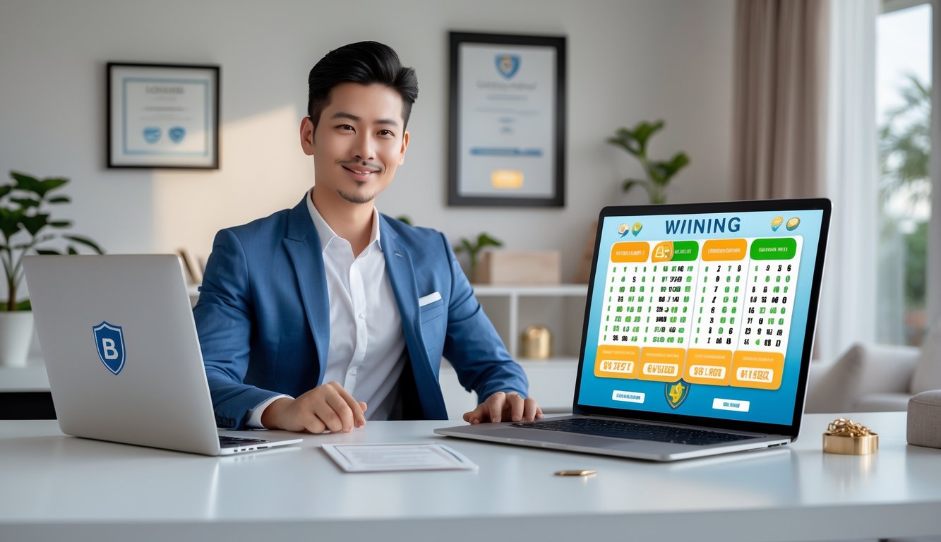 Seorang dewasa muda duduk di meja dengan laptop dan ponsel menampilkan angka lotere, terlihat percaya diri dan puas di ruang kerja yang terang dan modern.