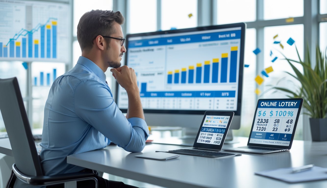 Seorang profesional sedang menganalisis data di depan komputer dengan beberapa perangkat digital di meja dalam ruangan kantor yang terang.
