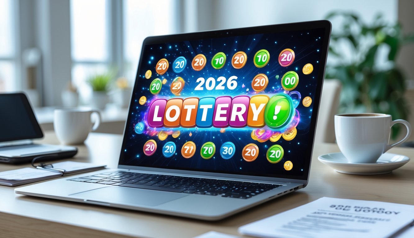 Seseorang menggunakan laptop di meja kerja yang rapi dengan tampilan antarmuka permainan togel online yang berwarna-warni dan elemen digital di layar.