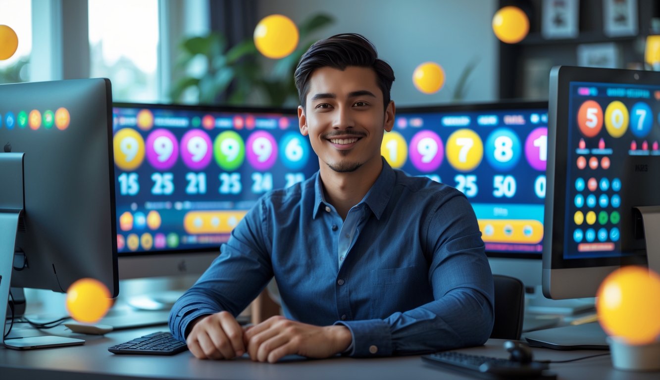 Seorang pria muda duduk di depan komputer dengan layar menampilkan angka lotre dan grafik jackpot, terlihat fokus dan tersenyum di ruang kerja modern.