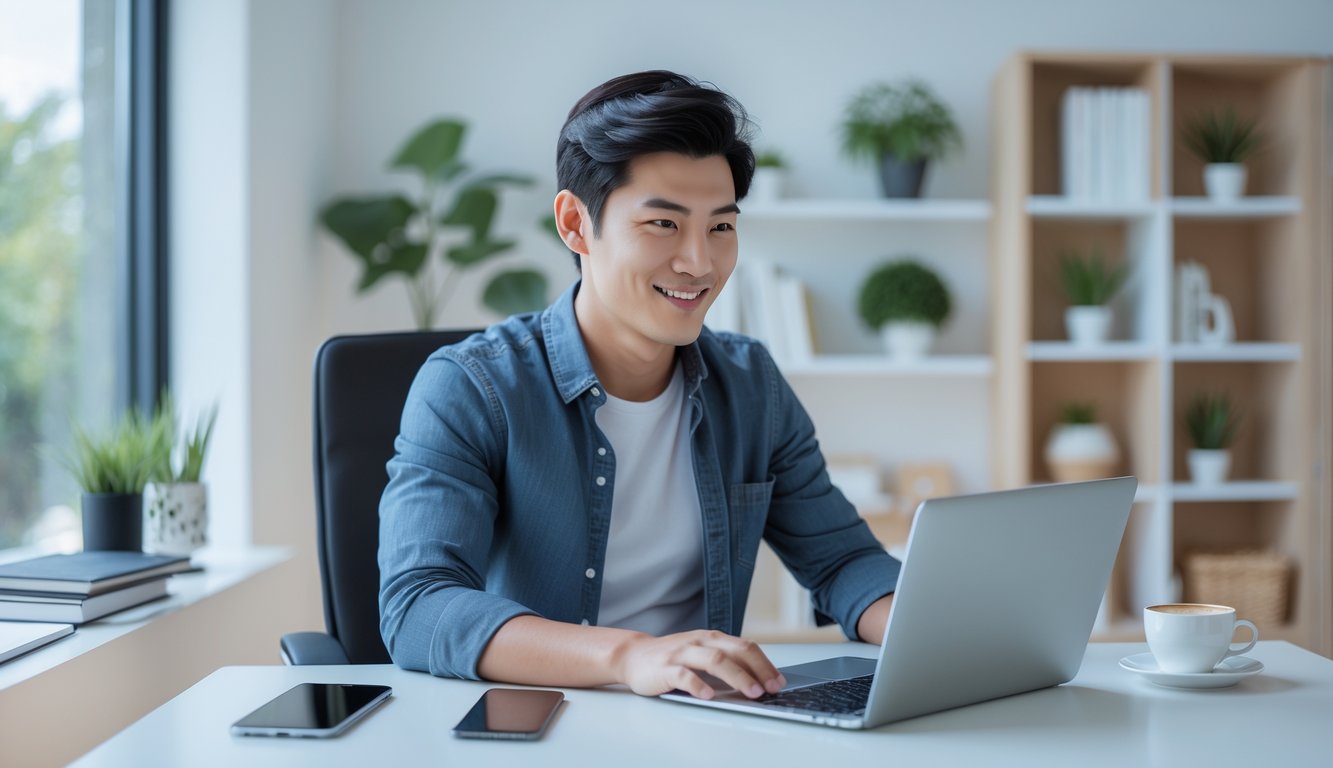 Seorang pria muda duduk di meja kerja menggunakan laptop di ruang kantor rumah yang terang dan rapi.