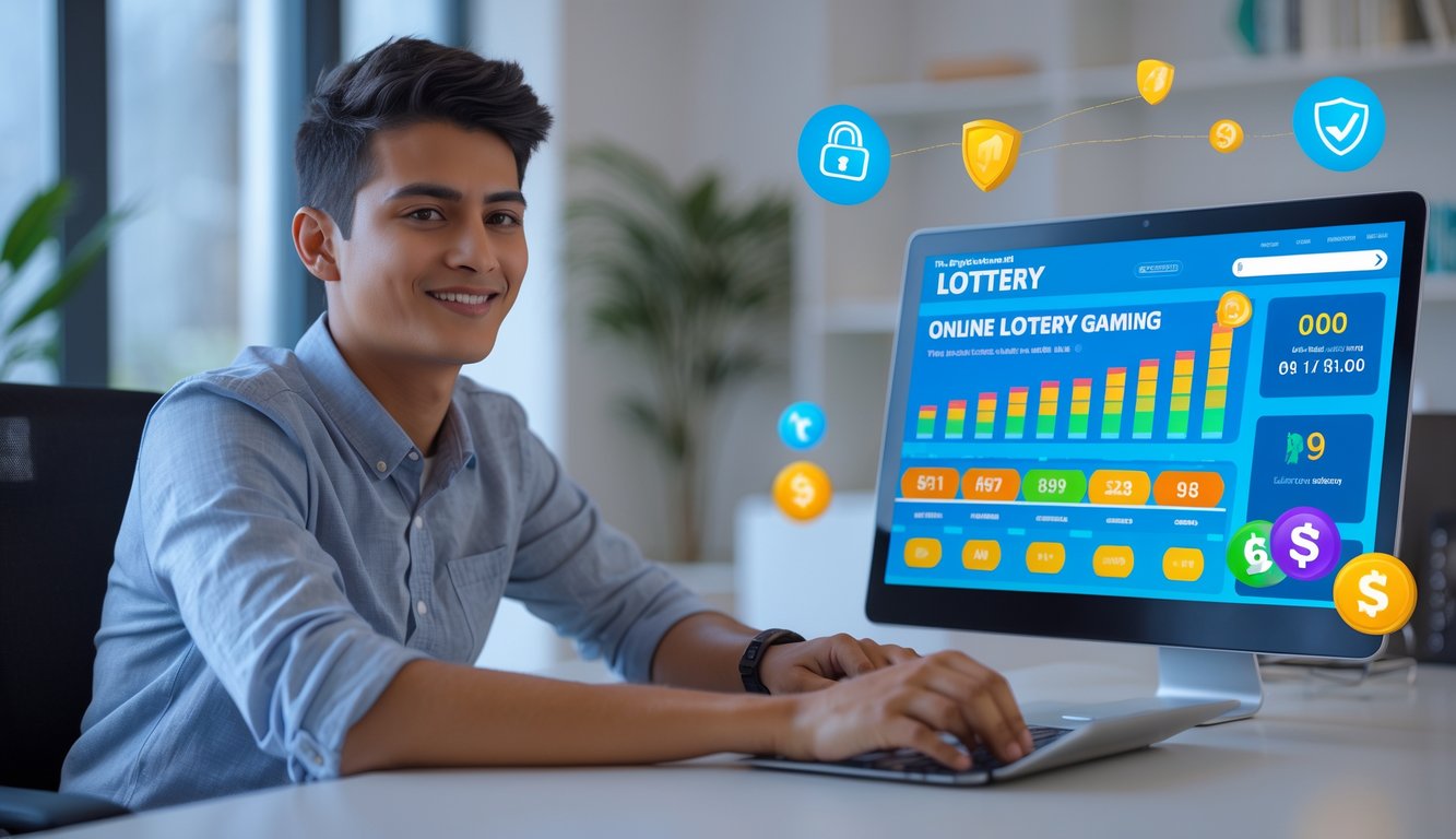 Seorang dewasa muda duduk di meja dengan laptop terbuka menampilkan situs togel online, terlihat fokus dan tersenyum di ruang kerja rumah yang terang.