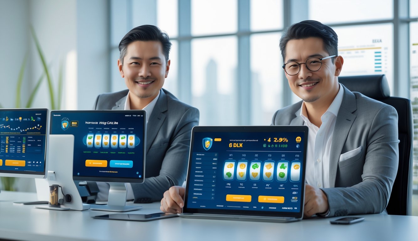 Dua orang dewasa duduk di meja modern dengan perangkat digital yang menampilkan antarmuka permainan lotere, terlihat fokus dan percaya diri di kantor yang terang dan rapi.