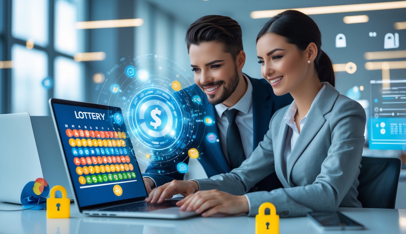 Dua orang profesional sedang bekerja bersama di depan laptop dengan tampilan angka togel dan grafik di layar.