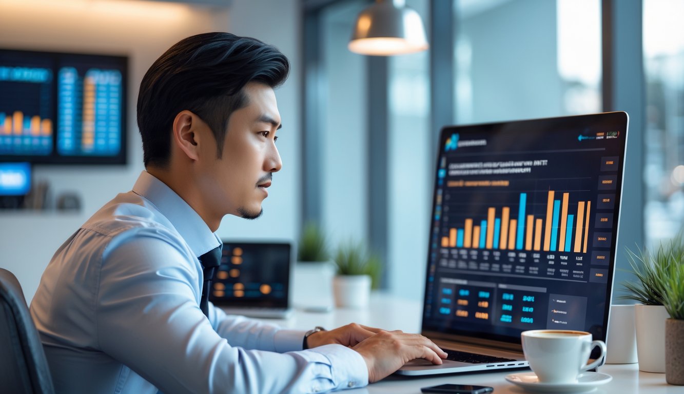 Seorang pria Asia duduk di meja kantor modern sambil melihat layar laptop dengan grafik dan angka terkait togel online.